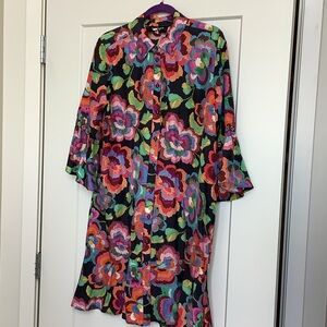 Johnny Was Black Floral Button-Front Midi Dress